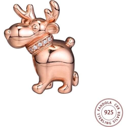 CKK 925 Sterling Silver Rose Reindeer Charms Beads for Jewelry Making Fit Europe Bracelets DIY Accessories Kralen Bijoux Femme