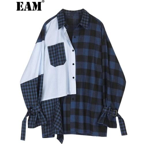 [EAM] Women Dark Blue Striped Big Size Blouse New Lapel Long Sleeve Loose Fit Shirt Fashion Tide Spring Summer 2021 1Z254