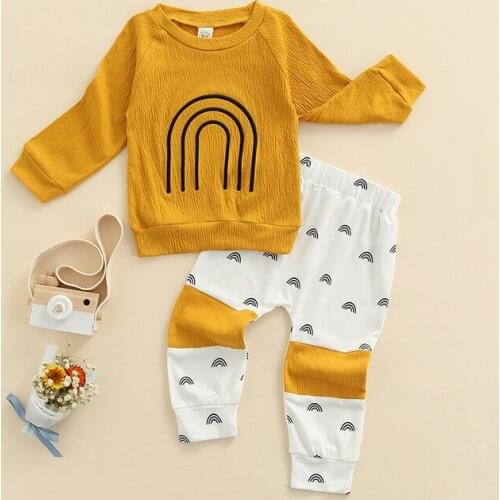 FOCUSNORM 0-4Y Autumn Baby Girls 2pcs Clothes Sets Rainbow Printing Long Sleeve Pullover Sweatshirt Tops Pants