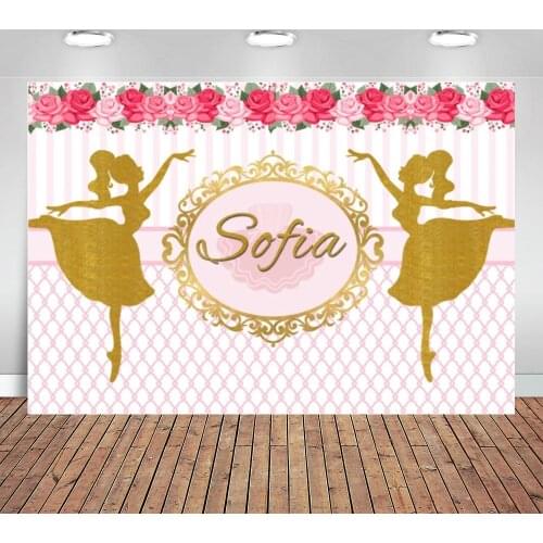 Gold Dance Ballerina Party Backdrop Pink Flowers Birthday Party Girls Bed Headboard Backgrounds for Photo Studio 7x5FT