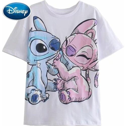Disney T-Shirt Harajuku Stitch Angel Little Monster Cartoon Print Short Sleeve Chic Fashion Women O-Neck Pullover Tee Tops White