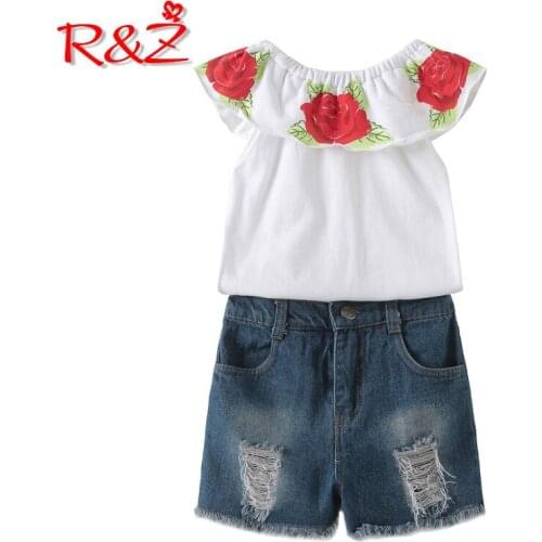 R&Z Summer Baby Kids Girls Clothes 3D Flower Print Sleeveless Ruffle O-neck Pullover T-Shirts Denim Hole Pants 2pc Cotton Set k1
