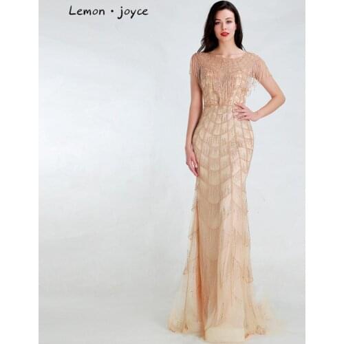 Lemon joyce Champagne Evening Dresses 2020 O-neck Beading Illusion Mermaid Prom Dress Long Party Gown Plus Size