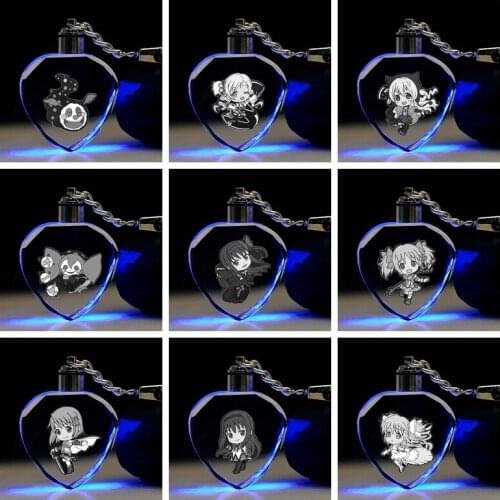 Magic Girl Magica Heart shaped Anime LED Key Chains Keyring Crystal Toy Keychain Light Keyholder Unisex Gifts