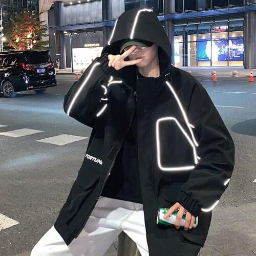 2021 Fashion Reflective Men Jackets Loose Unisex Streetwear Hooded Black Cargo Outwear