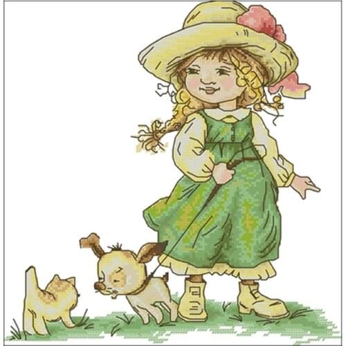 Little girl holding a dog Counted Cross Stitch 11CT 14CT 18CT DIY Cross Stitch Kits Embroidery Needlework Sets home decor