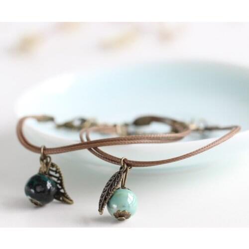 New Creative Simple Style Handmade Ceramic Bracelet Porcelain Bead and Leaf Pendant Rope Bangles Fashion Small Jewelry Women