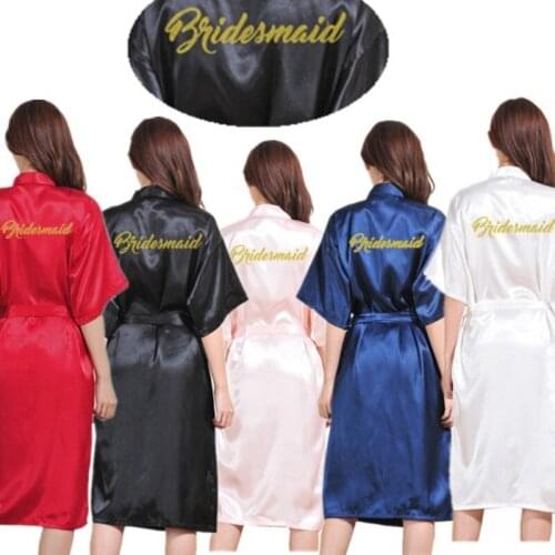 Wholesale Bridesmaid Letter Gold Glitter Women Pure Color Long Satin Silk Robes Kimono Nightgown Bride Spa Party Bathrobe T31