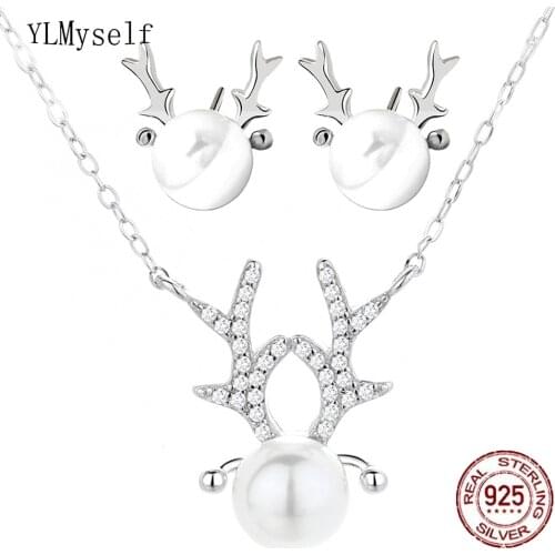 Real 925 Silver Metal Deer Design Necklace & Stud Earrings Set With 8-8.5mm Handmade Shell Pearl Cute 2pcs Fine Jewelry For Girl