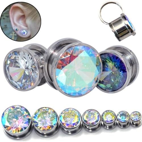 Pair Top Quality Cubic Zircon Screw Fit Tunnels Clear&AB&Rainbow Gem Ear Plug Tunnel Gauge Ear Stretching Piercing Expander