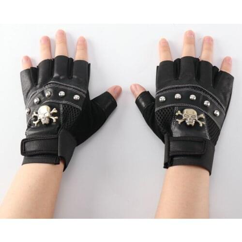 PU Half Finger Leather Gloves Mens Mountaineering Riding Tactics Personality Skull Head Rivet Fitness Protective Gloves