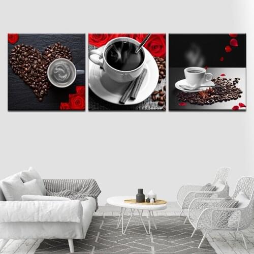 Coffee coffee beans red rose modern Modular 3 panel wall Poster Nordic Canvas painting for Living Room Home Decor