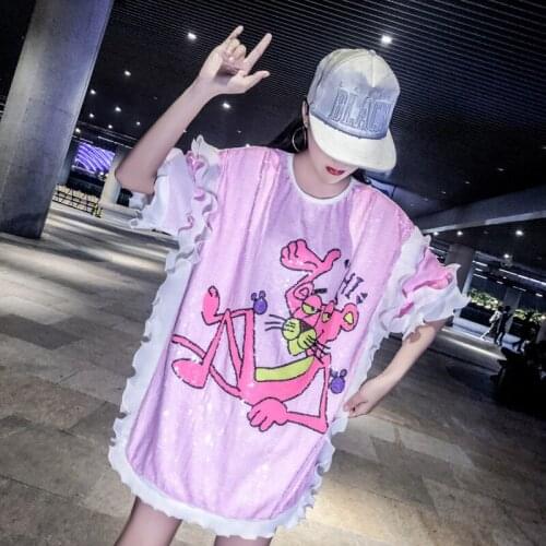 Casual Straight Anime Pattern Short Sleeve O-neck Pink White Loose Free Size High Street Summer Club Sequined Dress 9365
