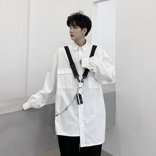 2021 Spring Autumn Black White Techwear Long Sleeve Shirt With Ribbon Chain Men Harajuku Korean Style Blusas Streetwear
