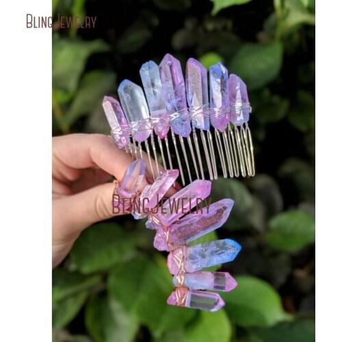 Cotton Candy Quartz Hair Comb Pastel Crystal Tiara Raw Stone Decorative Comb HJ27795