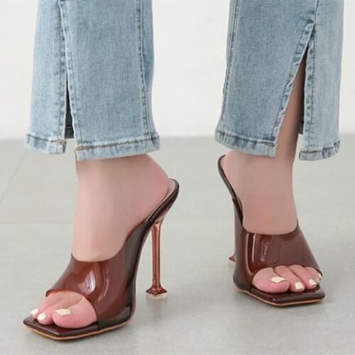 Open Toe Women 's High Heel Shoes Summer Coffee Transparent Slip on Sandals Slippers Square Toe Sexy