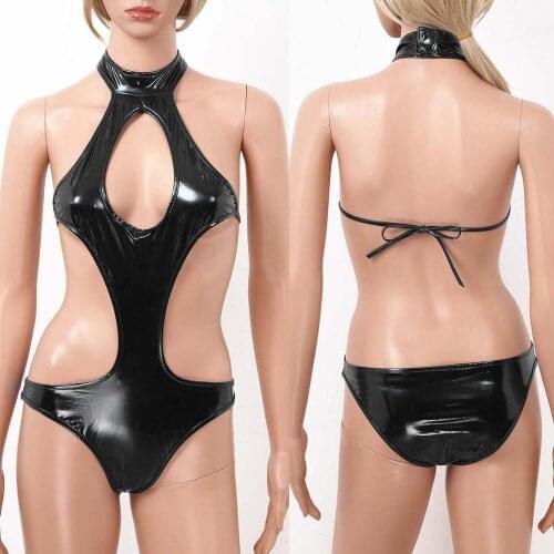 Sexy Women PVC Leather Open Body Teddy One-piece Micro Bikini Wet Look Cut Out Leotard Lingerie Fetish Bodysuit