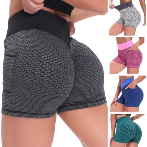 Yoga Fitness Shorts Pocket Honeycomb High Waist Gym Sexy Hip-Lifting Sports Shorts Seamless Breathable Short Leggings