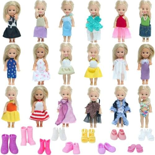 Random 10 Pcs / Set = 5x Mixed Style Cute Dress Outfits Mini Skirt + 5x Colorful Shoes Clothes for Kelly Doll Accessories Toys