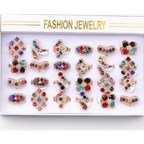 24pcs/lot Retro Colorful Rhinestone Gold Color Sparkling Metal Rings For Women Fashion Jewelry Mix Style With Display Box