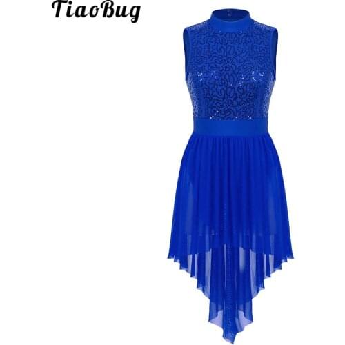 TiaoBug Women Adult Halter Neck Sleeveless Backless Shiny Sequined High Low Mesh Leotard Bodysuit Ballet Dance Dress