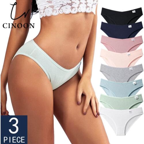 CINOON 3PCS/Set Womens Panties Striped Cotton Underwear Solid Color Briefs Low-Rise Soft Panty Women Underpants Female Lingerie