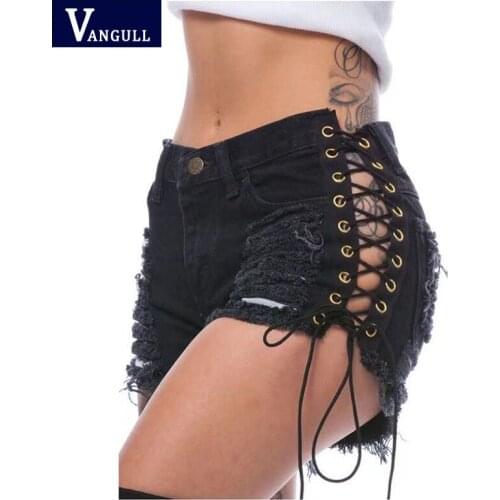 Vangull Casual Sexy Ladies Ripped Side High Stretch High Waist Denim Shorts With Eyelet Straps 2021 Summer New Women Short