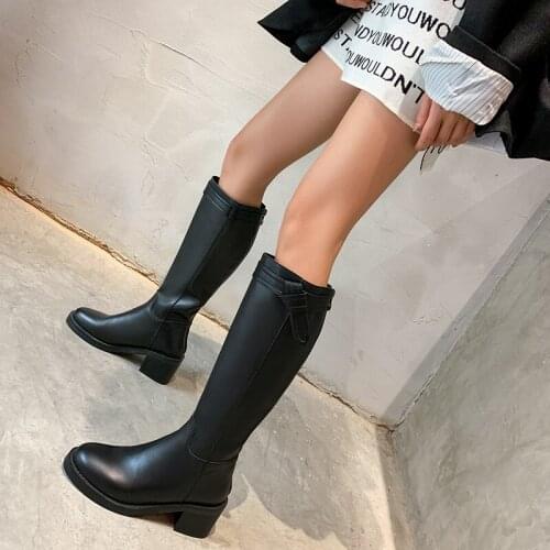 Knee High Boots Women Genuine Cow Leather Side Zipper Round Toe Lady Winter Fashion Long Boots Handmade