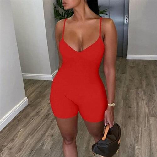 2020 New Womens Jumpsuit New Sexy Deep V-Neck Casual Sleeveless Suspenders Solid Color Slim Halter Shorts 3 Color Wholesale