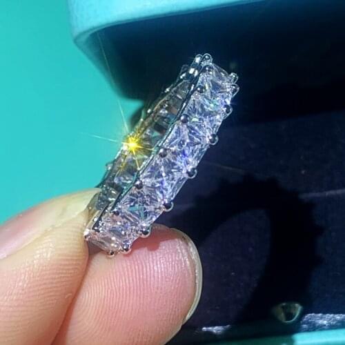 Size 5-10 Luxury Jewelry Real 925 Sterling Silver Princess Cut Full White 5A Cubic Zirconia Party Hot Wedding Band Ring Gift