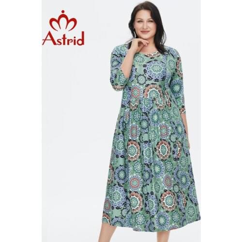 Astrid Womens Summer Dress 2021 for Women Loose Boho Casual Plus size Beach Flower Print silk Long Green Dresses With necklace
