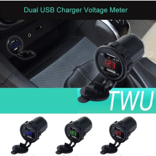 12v 24v Car Motorcycle Cigarette Lighter Socket USB Charger Adapter Plug LED Digital Display Voltage Meter Monitor 2.1A*2 Red