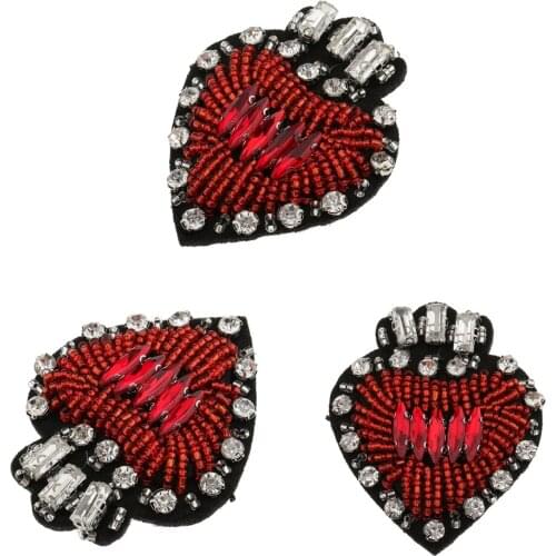 3Pcs Iron On Sew On Beads Rhinestones Love Heart Patch Handmade Applique