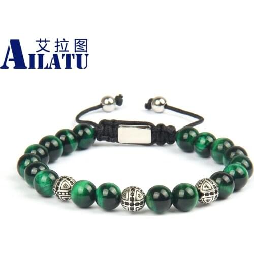 Ailatu New 8mm Green Tiger Eye Stone Beads Cross Macrame Bracelets Top Quality Jewelry Free Logo Service