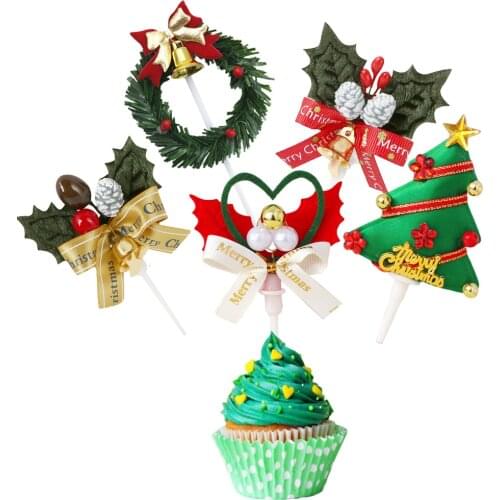 Amawill 5 Pcs Merry Christmas Cake Topper Santa Claus Cup Cake Decorations Christmas Party Tree Snowman Top Flag Decor Supplies