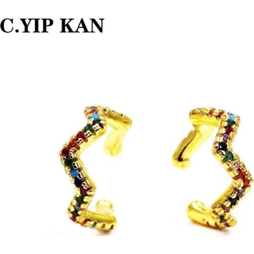 C.YIPKANU-shaped gold-plated ear clip copper micro inlay color zircon curved round point curved earmuff non hole earring ear bon