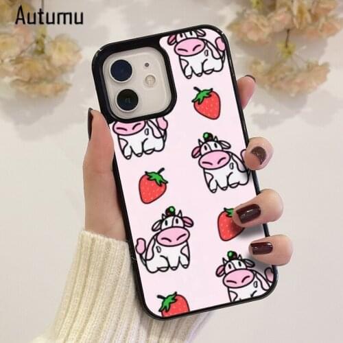 Phone Case for iPhone 12 mini X XS XR 11 Pro Max SE 2020 5 6S 7 8 Plus Samsung Galaxy S8 S9 S10 S20 S21 Strawberry Cow Cover