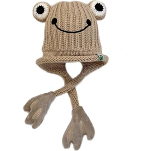 Kids Baby Winter Knitted Earflap Hat Cute Cartoon Frog Eyes Paws Chin Strap Thick Lined Crochet Beanie Cap Ear Warmer