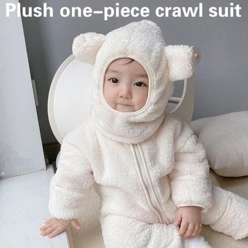 Autumn And Winter Baby Childrens Plush Romper Suit Cute Ear Hat Men And Women Baby Warm Overalls Soft Jumpsuit Clothes Hat Suit