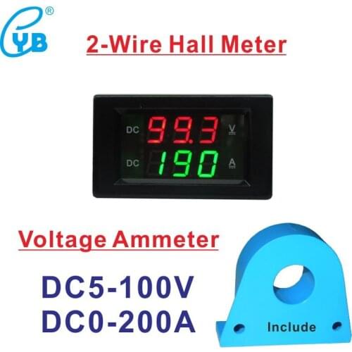 Two Wires DC Hall Voltmeter Ammeter DC 5-100V 0-200A Current Tester LED Digital Panel Ampere Meter Volt Amp Tester Amperemetre