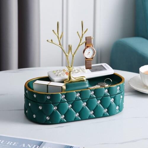 Double Storage Box Plastic Key Tray Doge with Cover Cosmetic Desktop Storage Organization Diamond Setting Golden Deer Tray