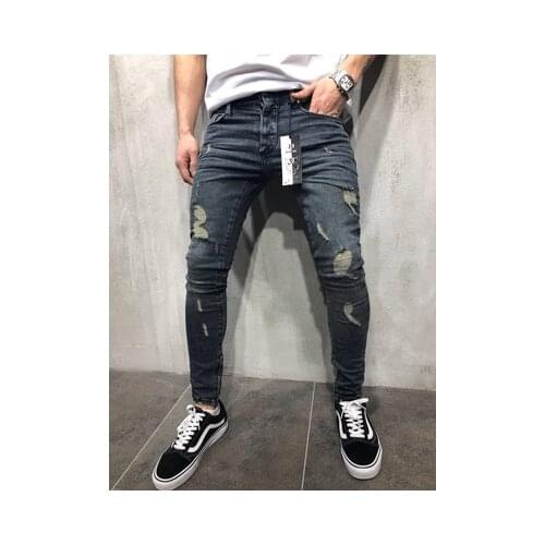 Men Vintage Streetwear Hip Hop Ripped Biker Jeans Destroyed Frayed Men Motorcycle Joggers Skinny Denim Pants Men Fashion Jeans