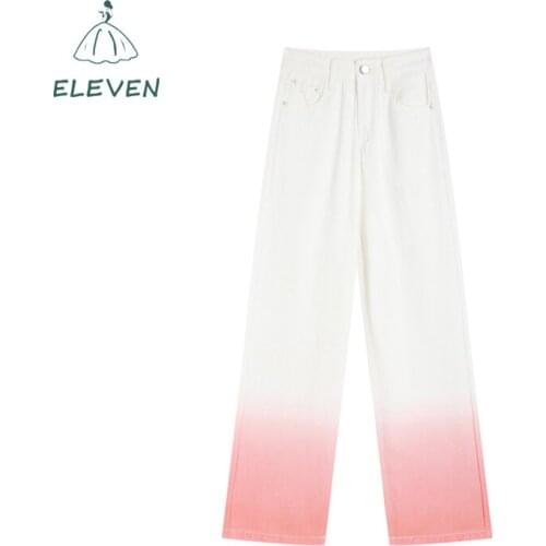 Pink Thin Washed Jeans Women Harajuku High Waist Loose College Style White Simple Gradient Tie-Dye Straight Pants