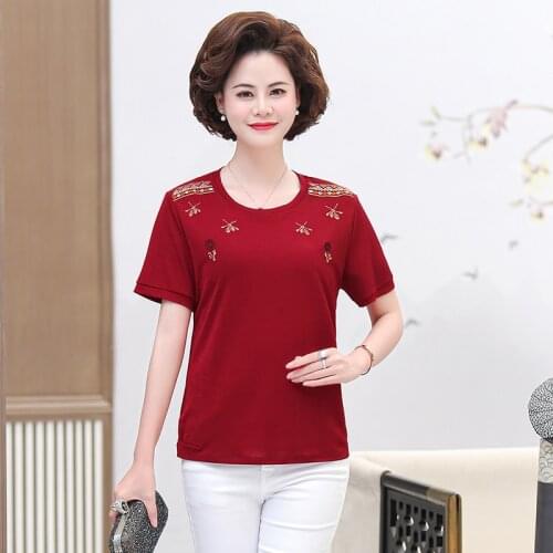 Womens Tee Tops 2021 Summer New Large Size 5XL Embroidery T-Shirt Casual Bottoming Shirt Middle-Aged Stylish Mother Clothing
