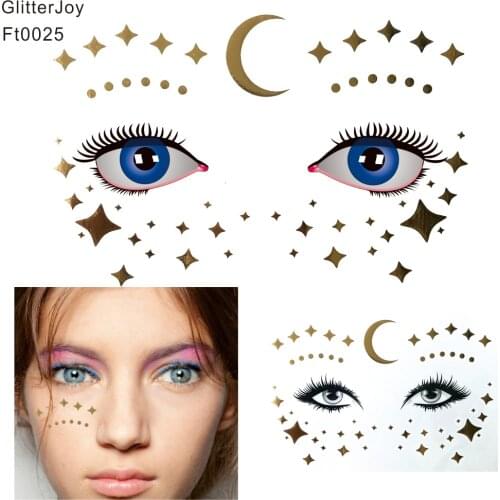 FT0025 Classic Metallic Gold Scattered Star and Moon Goddess Bindi Makeup Tattoo Sticker which is a New Way to wear Glitter