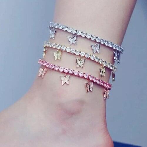 KSRA INS Fashion Butterfly Anklet Rhinestone Tennis Chain Anklet Beach Anklet Butterfly Barefoot Chain Jewelry