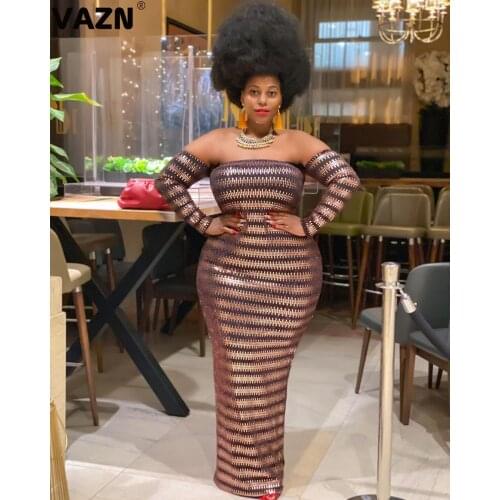 VAZN 2021 New Sexy Night Club High-end Plus Size Backless Retro Strapless Full Sleeve Women High Waist Thin Maxi Dress
