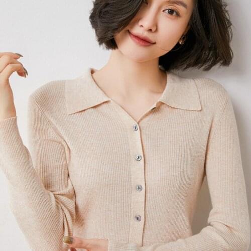 2021 spring and autumn new style 100% wool POLO collar cardigan womens long-sleeved sweater short knitted jacket top