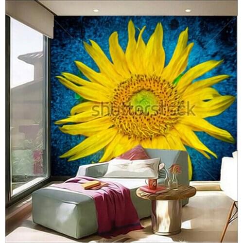 The latest 3D murals,impressionism sunflower papel de parede. Living room, sofa TV background wall, bedroom wall paper