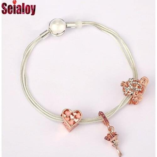 Seialoy Silver Color Multi Snake Chain Bracelets For Women Original Show Love Rose Pendant Heart Pumpkin Car Beaded Bracelets